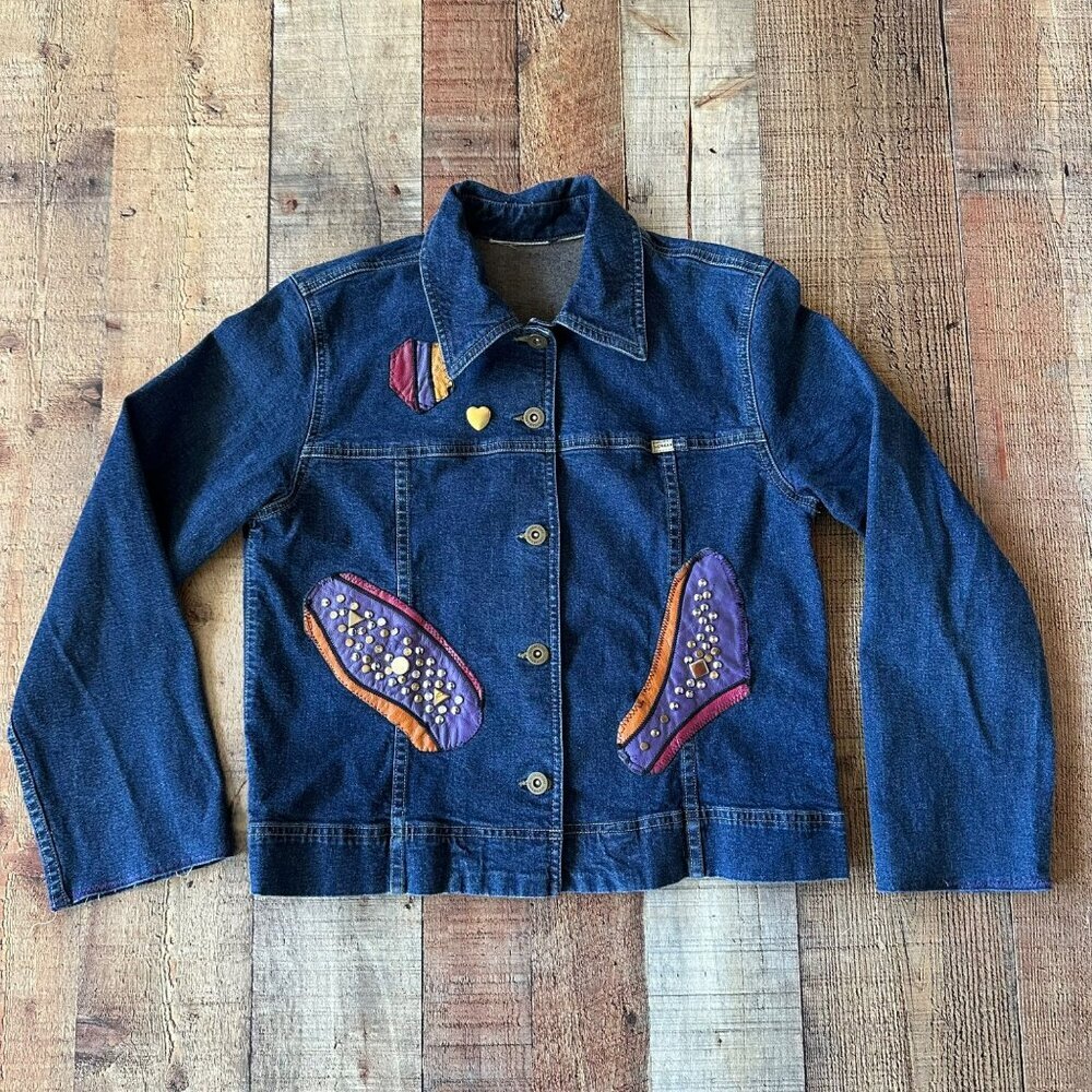 Lizwear Jeans Women's Upcycled Custom Button Up Denim Jacket Studded Patches